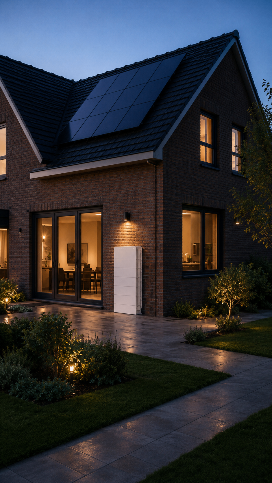Woning met zonnepanelen en Atmoce thuisbatterij in de avondschemering